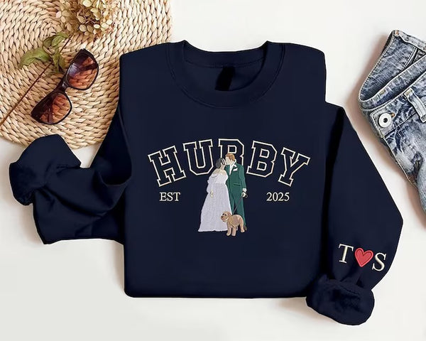 Embroidered Wifey Hubby Sweatshirt, Custom Portrait from Photo Sweater, Personalised Est Date Couple Matching Jumper, Newlywed Couple Gifts