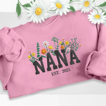 Nana Embroidered Floral Sweatshirt, Custom Nana Crewneck With Kids Names