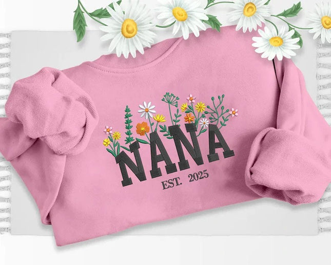 Nana Embroidered Floral Sweatshirt, Custom Nana Crewneck With Kids Names