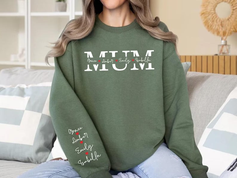 Personalized Kids Name Mama Sweatshirt, Custom Name on Sleeve and Chest Sweater, Mothers Day Jumper, Gift for New Mum, Birthday Gift for Her