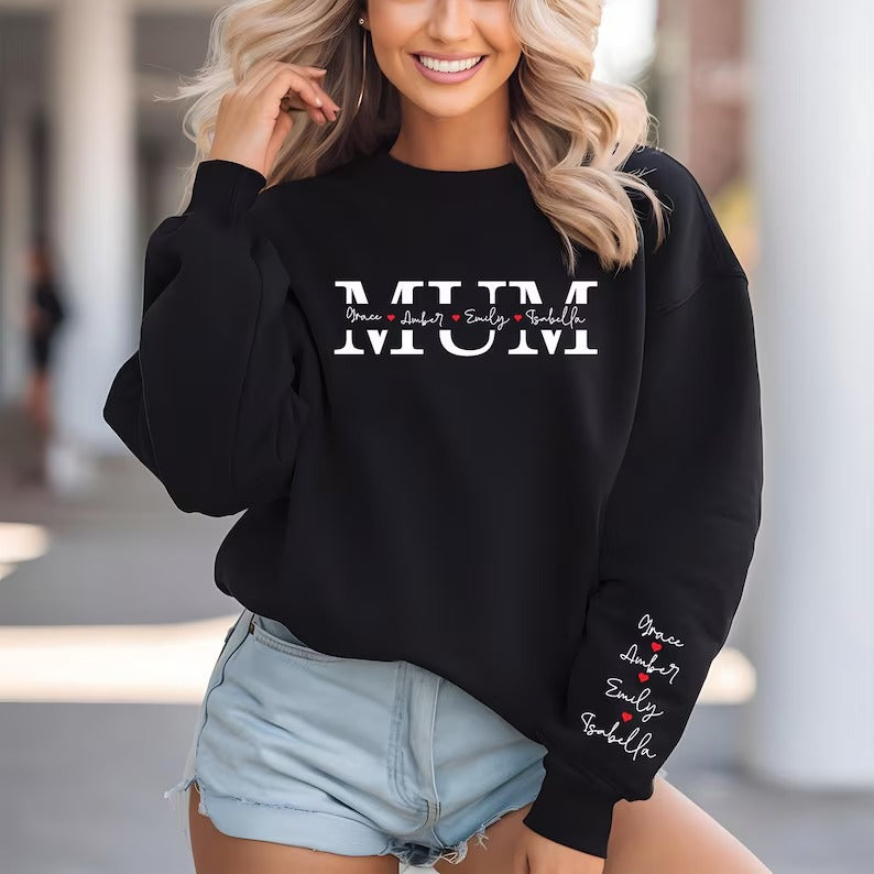 Personalized Kids Name Mama Sweatshirt, Custom Name on Sleeve and Chest Sweater, Mothers Day Jumper, Gift for New Mum, Birthday Gift for Her