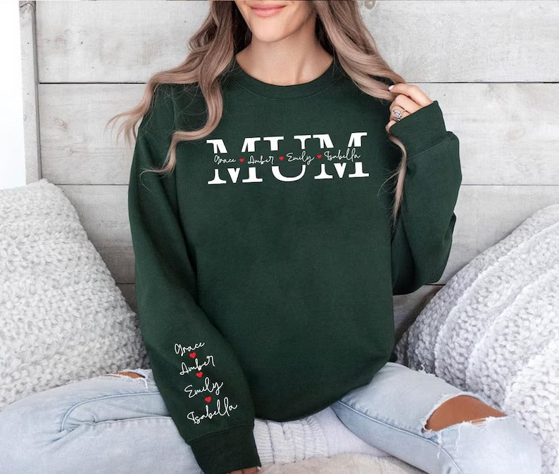 Personalized Kids Name Mama Sweatshirt, Custom Name on Sleeve and Chest Sweater, Mothers Day Jumper, Gift for New Mum, Birthday Gift for Her