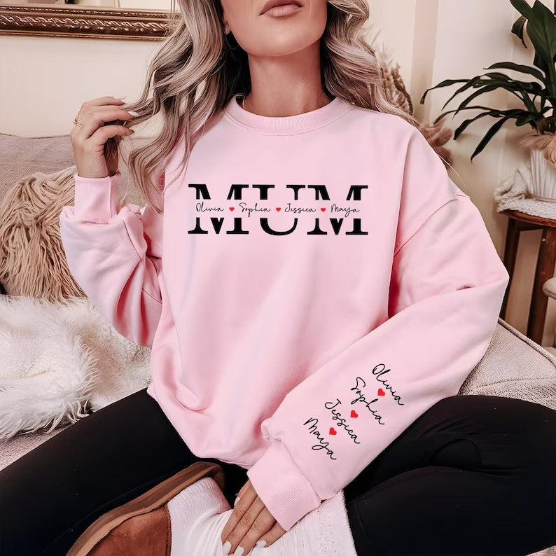 Personalized Kids Name Mama Sweatshirt, Custom Name on Sleeve and Chest Sweater, Mothers Day Jumper, Gift for New Mum, Birthday Gift for Her