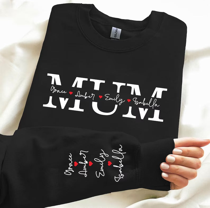 Personalized Kids Name Mama Sweatshirt, Custom Name on Sleeve and Chest Sweater, Mothers Day Jumper, Gift for New Mum, Birthday Gift for Her