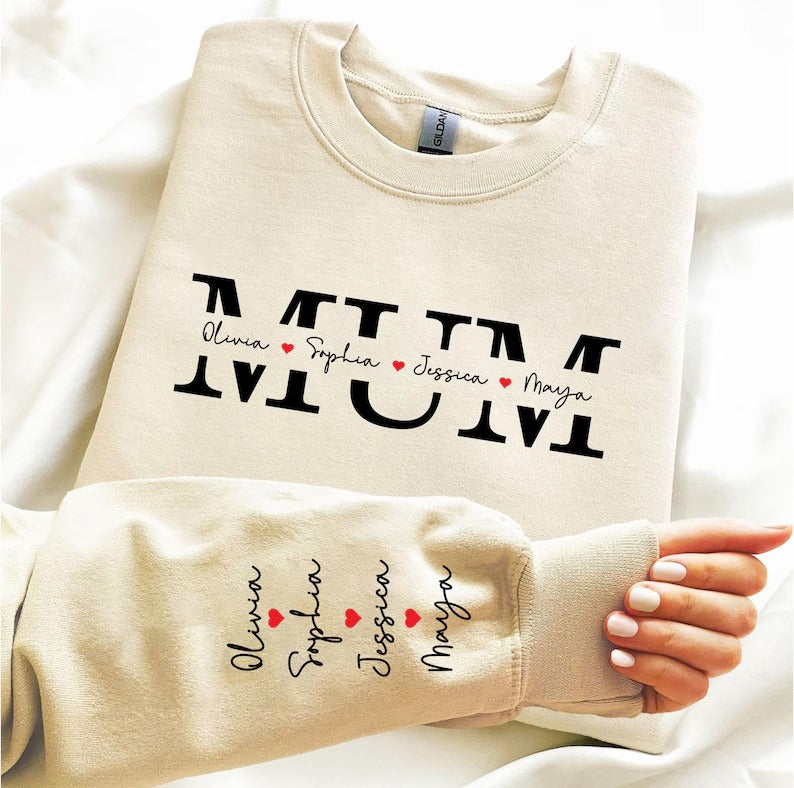 Personalized Kids Name Mama Sweatshirt, Custom Name on Sleeve and Chest Sweater, Mothers Day Jumper, Gift for New Mum, Birthday Gift for Her