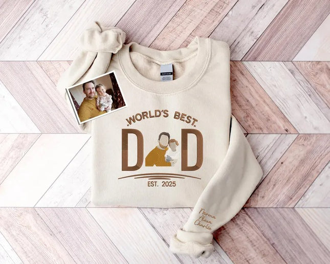 Embroidered Dad Photo Portrait Sweater, Personalised Sketch from Picture Father's Day Jumper, Kids Names on Sleeve Sweater, Fathers Day Gift