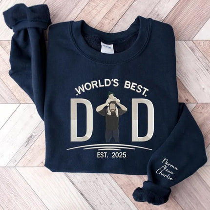 Embroidered Dad Photo Portrait Sweater, Personalised Sketch from Picture Father's Day Jumper, Kids Names on Sleeve Sweater, Fathers Day Gift