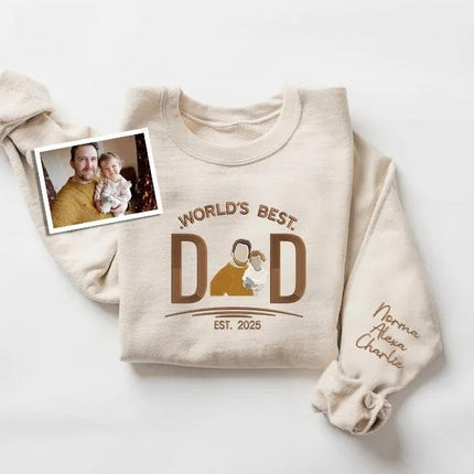 Embroidered Dad Photo Portrait Sweater, Personalised Sketch from Picture Father's Day Jumper, Kids Names on Sleeve Sweater, Fathers Day Gift