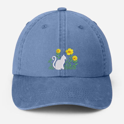 Cat & Flower Embroidered Hat, Floral Vintage Hat, Kitten Baseball Cap, Womens Hat