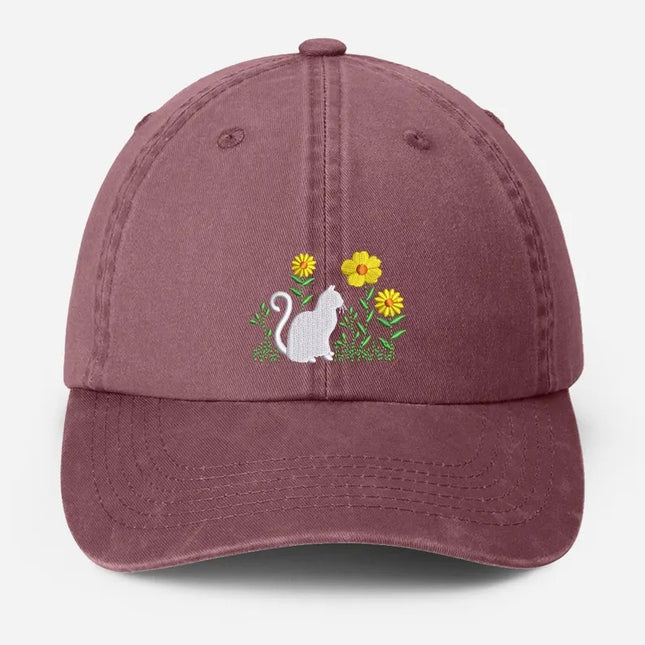 Cat & Flower Embroidered Hat, Floral Vintage Hat, Kitten Baseball Cap, Womens Hat