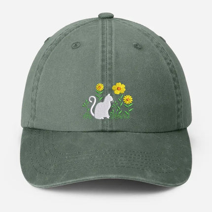 Cat & Flower Embroidered Hat, Floral Vintage Hat, Kitten Baseball Cap, Womens Hat