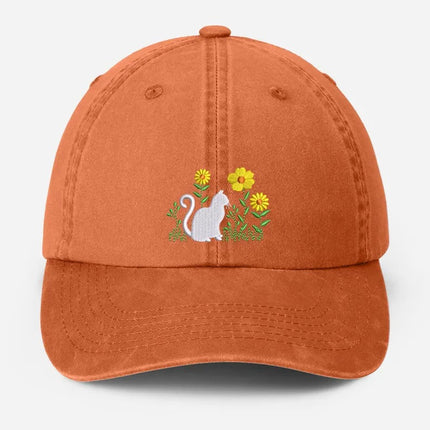 Cat & Flower Embroidered Hat, Floral Vintage Hat, Kitten Baseball Cap, Womens Hat