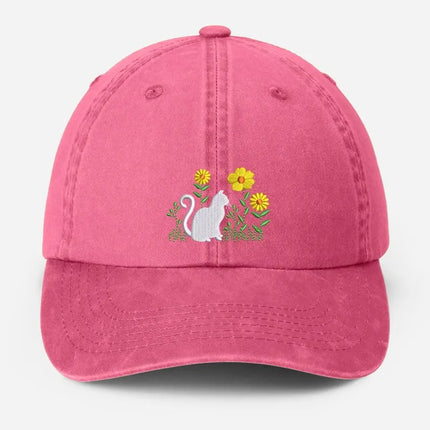 Cat & Flower Embroidered Hat, Floral Vintage Hat, Kitten Baseball Cap, Womens Hat