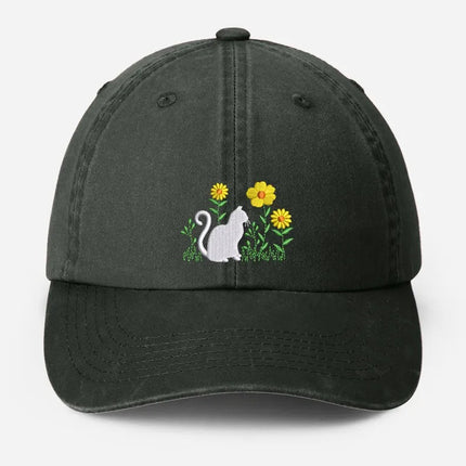 Cat & Flower Embroidered Hat, Floral Vintage Hat, Kitten Baseball Cap, Womens Hat
