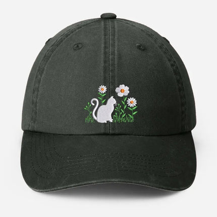 Cat & Flower Embroidered Hat, Floral Vintage Hat, Kitten Baseball Cap, Womens Hat