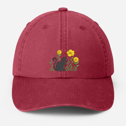 Cat & Flower Embroidered Hat, Floral Vintage Hat, Kitten Baseball Cap, Womens Hat
