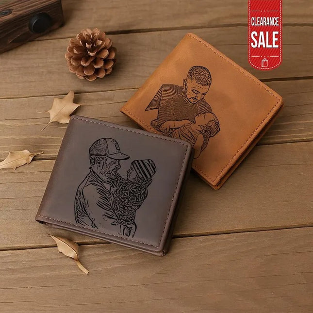 Personalised Portrait Leather Dad Wallet, Gift for Father's Day, New Dad Baby Announcement Gifts, Father Wallet, Handwriting Engraved Wallet