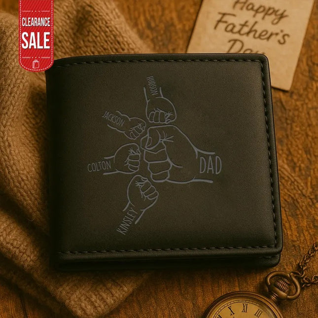 Personalized Dad Fist Bump Leather Wallet, Custom Kids' Names Wallet, Dad Present