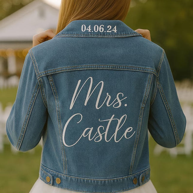 Custom Embroidered Bride Denim Jackets, Personalised Bride Name & Date Jacket