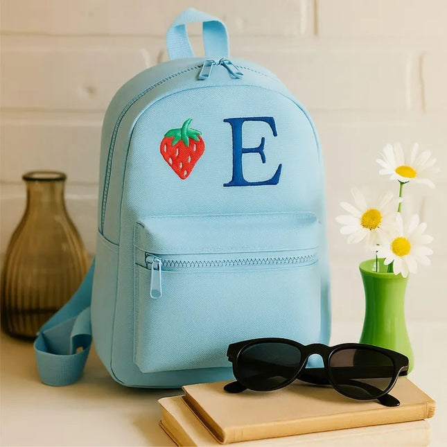 Personalised Kids Backpack, Custom Embroidered Initial Strawberry Bag, Back To School Childrens Rucksack, Kids & Toddlers Nursery Backpack