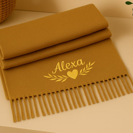 Custom Name Embroidered Scarf, Personalised Woven Comfy Scarf with Tassel Trim