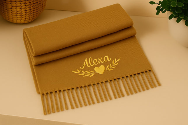 Custom Name Embroidered Scarf, Personalised Woven Comfy Scarf with Tassel Trim