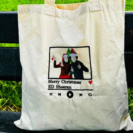 Personalised Couple Photo Portrait Tote Bag, Embroidered Album Cover Sketch Bag, Minimalist Cotton Tote Bag, Christmas Shopping Bag for Her