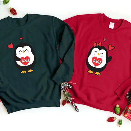 Cute Penguin Christmas Sweatshirt, Personalised Couple Initials Xmas Sweater, Christmas Animal Matching Jumper, Xmas Penguin Lovers Gifts