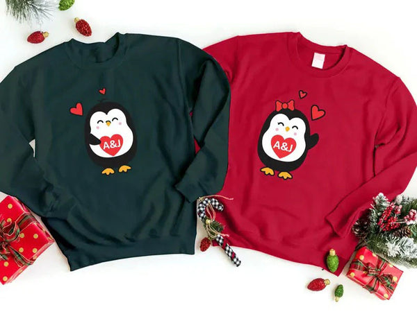 Cute Penguin Christmas Sweatshirt, Personalised Couple Initials Xmas Sweater, Christmas Animal Matching Jumper, Xmas Penguin Lovers Gifts