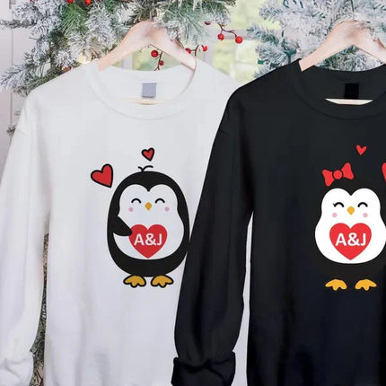 Cute Penguin Christmas Sweatshirt, Personalised Couple Initials Xmas Sweater, Christmas Animal Matching Jumper, Xmas Penguin Lovers Gifts