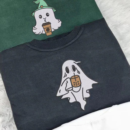 Vintage Ghost Coffee Sweatshirt, Halloween Ghost Embroidered Sweater, Fall Coffee Lovers Crewneck Jumper, Halloween Spooky Clothing Gifts
