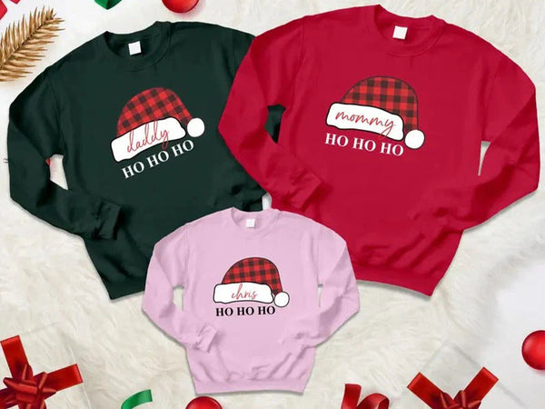 Christmas Santa Hat Sweatshirt, Custom Name Ho Ho Ho Xmas Jumper, Christmas Family Matching Sweatshirt, Personalised Xmas Eve Clothing