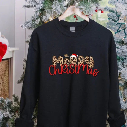 Merry Christmas Sweatshirt, Xmas Leopard Art Printed Crewneck Sweater, Retro Christmas Adults Kids Sizes Jumper, Unisex Tops, Xmas Eve Gifts