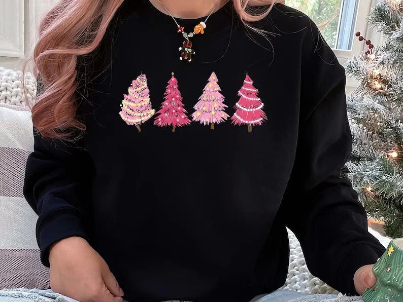 Christmas Tree Jumper, Christmas Crewneck Sweatshirt, Xmas Women Matching Pink Trees Minimalist Sweater, Christmas Eve Holiday Party Gifts