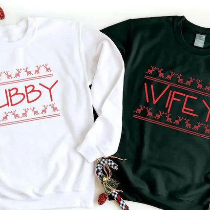 Christmas Couple Matching Sweatshirt, Wifey Hubby Xmas Holidays Sweater, Husband Wife Xmas Printed Jumper, Mr and Mrs 1st Christmas Gifts