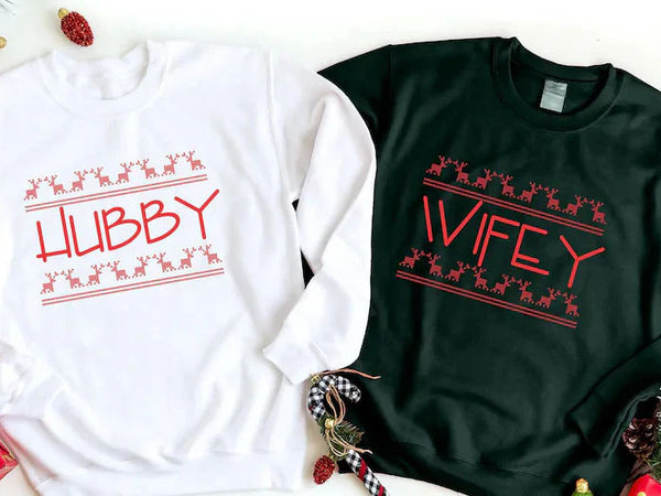 Christmas Couple Matching Sweatshirt, Wifey Hubby Xmas Holidays Sweater, Husband Wife Xmas Printed Jumper, Mr and Mrs 1st Christmas Gifts