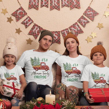 Christmas Matching Family Tshirt, Buffalo Plaid Christmas Truck Printed Shirts, Personalised Family Last Name Xmas Eve Matching Comfy Outfit