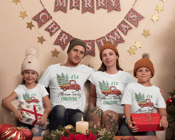 Christmas Matching Family Tshirt, Buffalo Plaid Christmas Truck Printed Shirts, Personalised Family Last Name Xmas Eve Matching Comfy Outfit