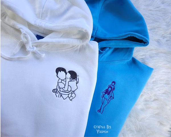 Custom Photo Embroidered Hoodie, Personalised Family Matching Sketch from Photo Unisex Jumper, 1st Anniversary Special Date Initial Sweater