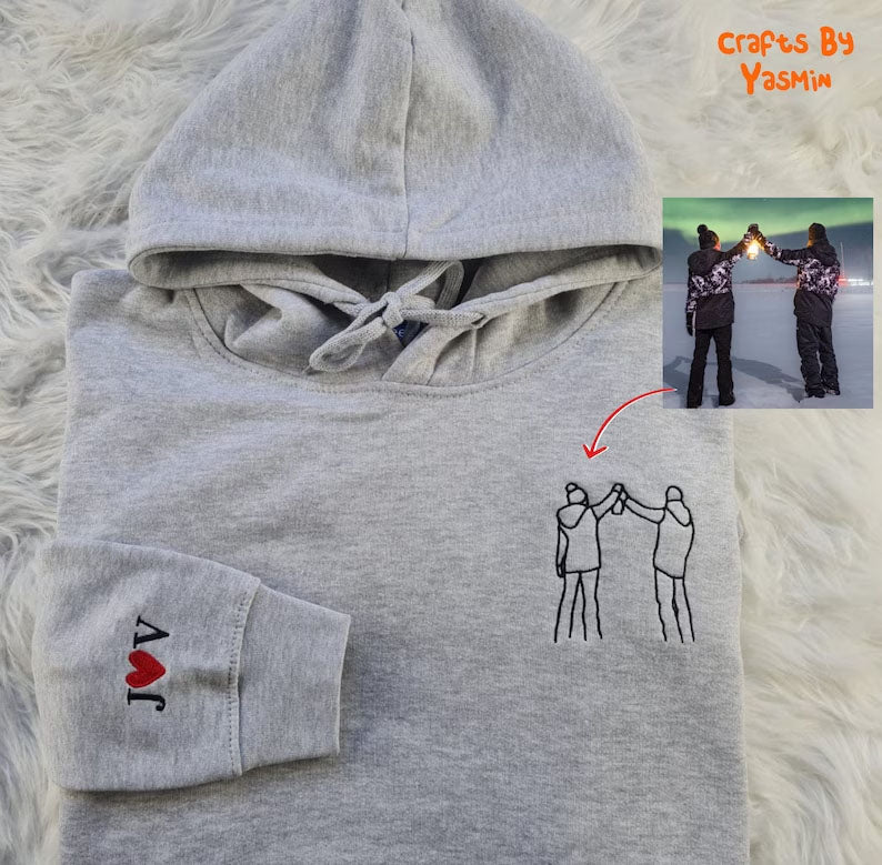 Custom Photo Embroidered Hoodie, Personalised Family Matching Sketch from Photo Unisex Jumper, 1st Anniversary Special Date Initial Sweater