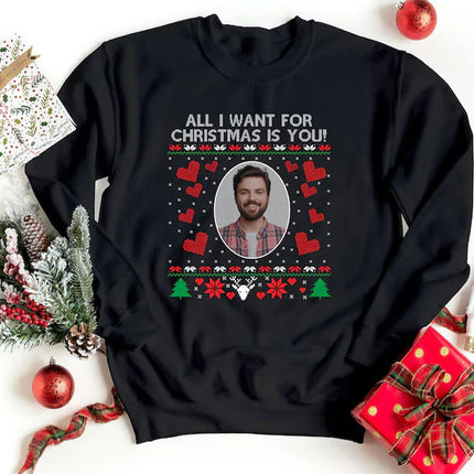 Personalised Photo Christmas Sweatshirt, Xmas Crewneck Printed Sweater, All I Want for Christmas is You Jumper, Xmas Party Family Clothing