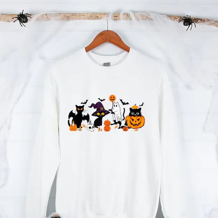 Halloween Black Cats Sweatshirt, Vintage Cats on Pumpkin Printed Sweater, Spooky Season Winking Pumpkin Jumper, Cat Lovers Halloween Outfits