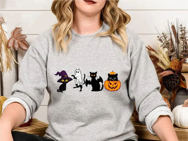 Ghost Cats Sweatshirt, Halloween Cat Pumpkin Sweatshirt, Gothic Halloween Black Cat Jumper, Cat Lovers Gift, Vintage Spooky Season Clothing