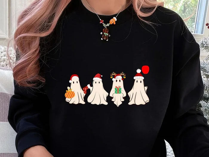 Christmas Ghost Crewneck Jumper, Cute Xmas Santa Ghosts Printed Sweatshirts, Funny Christmas Unisex Adults & Kids Sweater, Xmas Eve Presents