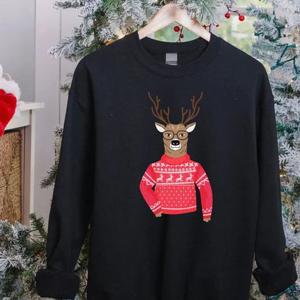 Funny Christmas Reindeer Sweatshirt, Christmas Printed Crewneck Sweaters, Xmas Holiday Party Family Matching Jumpers, Christmas Eve Presents