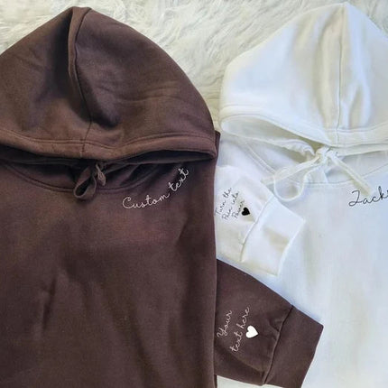 Personalized Hoodies, Custom Names/Text on Neck and Sleeve Hooded Sweatshirt, Halloween Jumper for her, Unisex Hoodies, Gifts for Husband