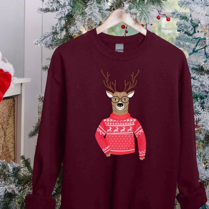 Funny Christmas Reindeer Sweatshirt, Christmas Printed Crewneck Sweaters, Xmas Holiday Party Family Matching Jumpers, Christmas Eve Presents