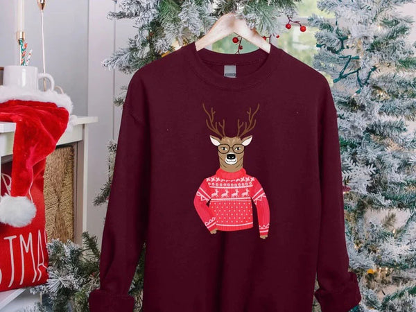 Funny Christmas Reindeer Sweatshirt, Christmas Printed Crewneck Sweaters, Xmas Holiday Party Family Matching Jumpers, Christmas Eve Presents