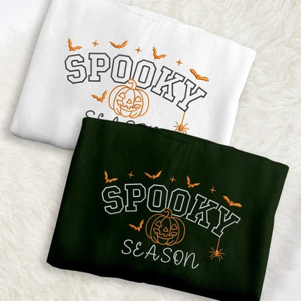 Spooky Season Embroidered Sweatshirt, Varsity Lettered Halloween Jumpers, Autumn Clothing, Fall Sweater, Halloween Sweater, Halloween Gifts
