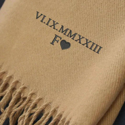 Embroidered Roman Numeral Date Scarf, Personalised Name Initials Winter Scarf
